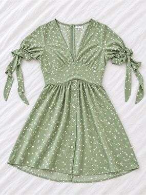 LOAVIES Sage Green Polka Dot Tie Sleeve Mini Dress Size M